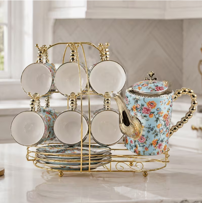 Luxury Floral Tea Set with Gold Stand – 1 Teapot, 6 Cups & 6 Saucers with Rack