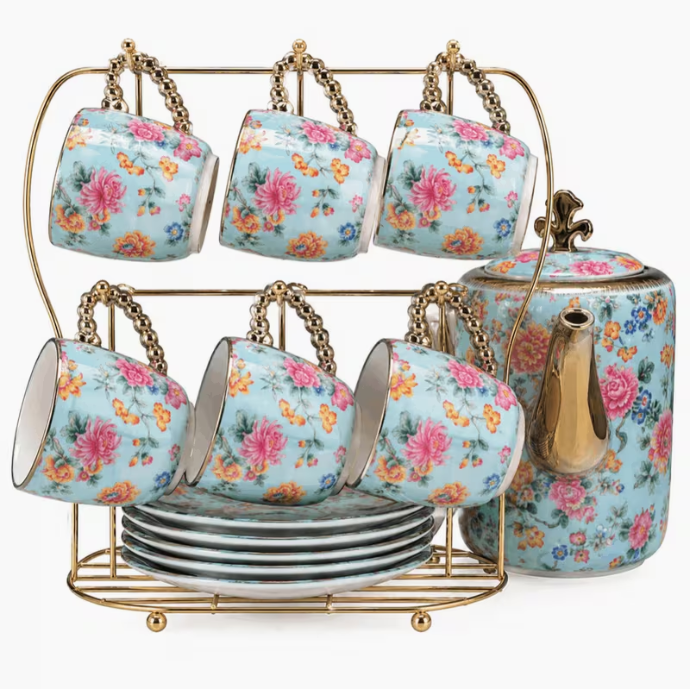 Luxury Floral Tea Set with Gold Stand – 1 Teapot, 6 Cups & 6 Saucers with Rack