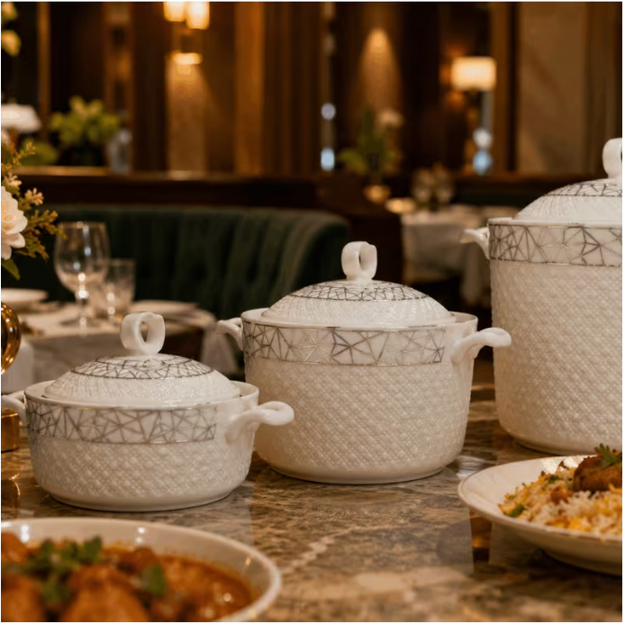Luxury 3-Piece Ceramic Casserole Dish Set with Lids – White & Silver Geometric Serving Bowls with Handles