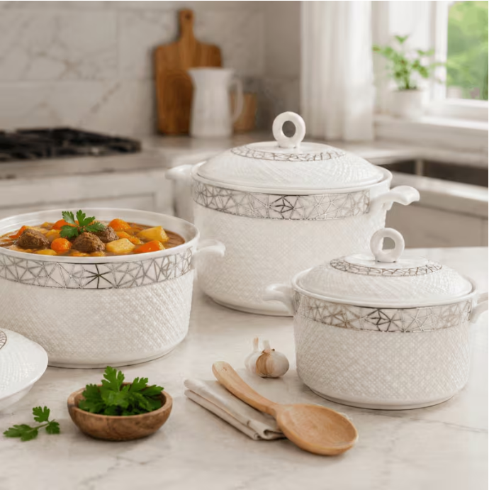 Luxury 3-Piece Ceramic Casserole Dish Set with Lids – White & Silver Geometric Serving Bowls with Handles