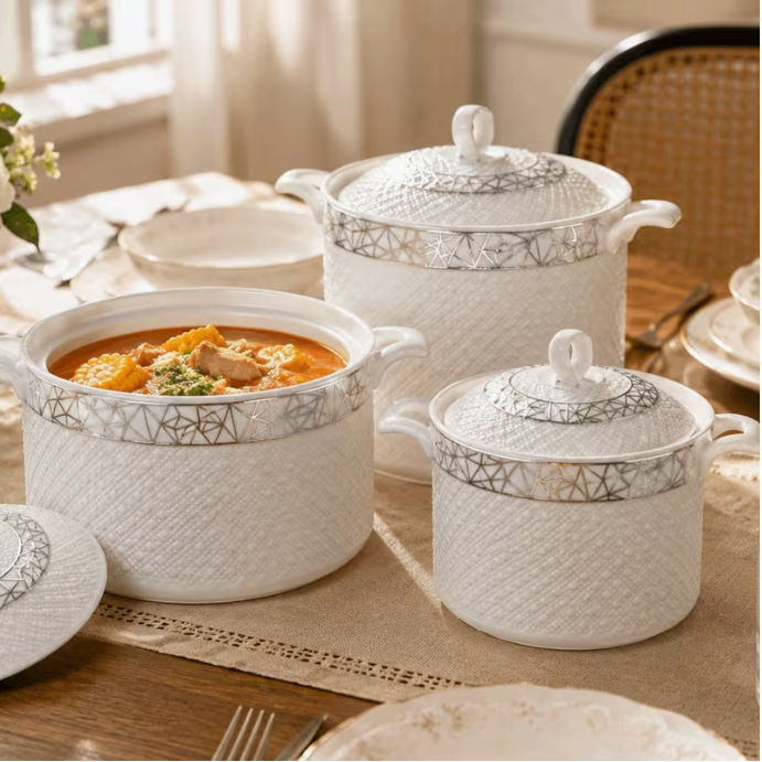 Luxury 3-Piece Ceramic Casserole Dish Set with Lids – White & Silver Geometric Serving Bowls with Handles