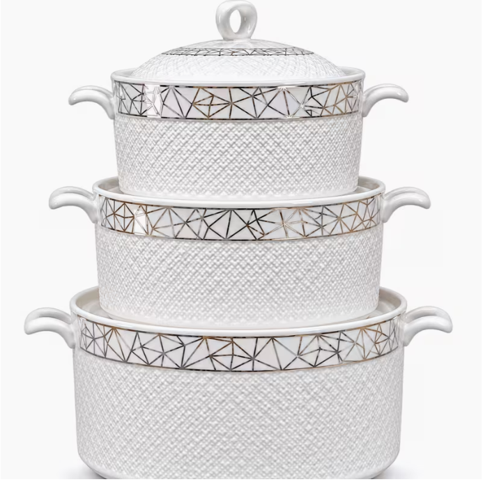 Luxury 3-Piece Ceramic Casserole Dish Set with Lids – White & Silver Geometric Serving Bowls with Handles