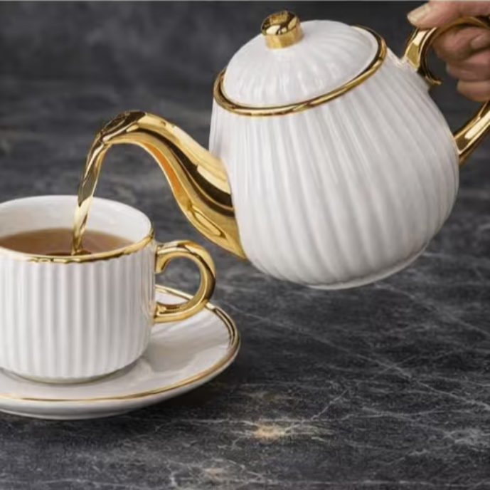 Luxury White Ribbed Ceramic Tea Set with Gold Accents – Teapot, 6 Cups with Saucers