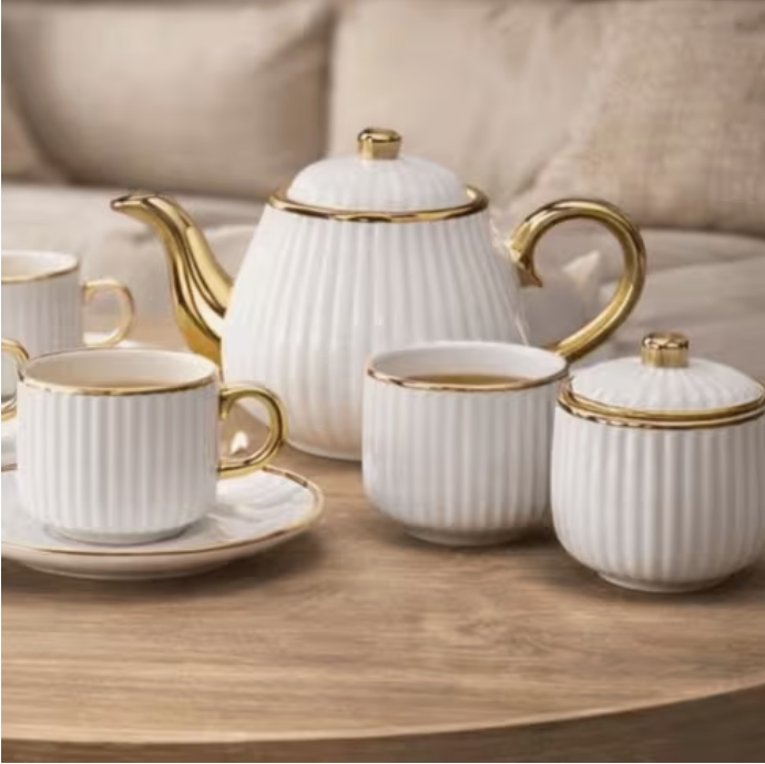 Luxury White Ribbed Ceramic Tea Set with Gold Accents – Teapot, 6 Cups with Saucers