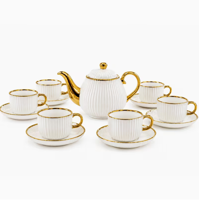 Luxury White Ribbed Ceramic Tea Set with Gold Accents – Teapot, 6 Cups with Saucers