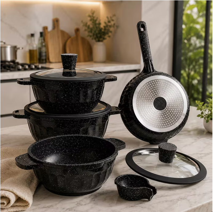 11Pc Non-Stick Cookware Set Black Induction Pots & Pans – Frying Pan, Saucepan with Glass Lids Kitchen Cooking Set
