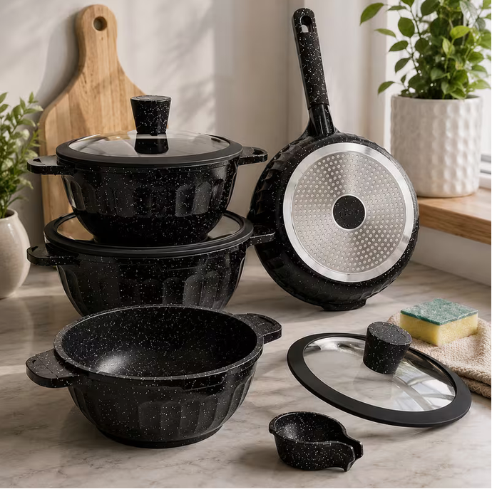 11Pc Non-Stick Cookware Set Black Induction Pots & Pans – Frying Pan, Saucepan with Glass Lids Kitchen Cooking Set