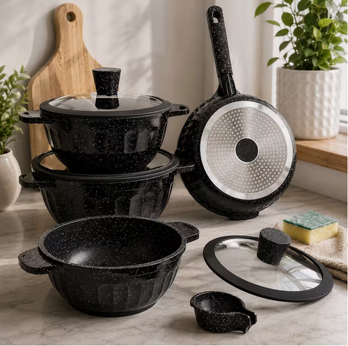 11Pc Non-Stick Cookware Set Black Induction Pots & Pans – Frying Pan, Saucepan with Glass Lids Kitchen Cooking Set