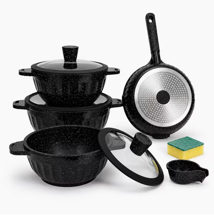 11Pc Non-Stick Cookware Set Black Induction Pots & Pans – Frying Pan, Saucepan with Glass Lids Kitchen Cooking Set