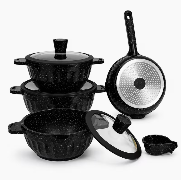 11Pc Non-Stick Cookware Set Black Induction Pots & Pans – Frying Pan, Saucepan with Glass Lids Kitchen Cooking Set