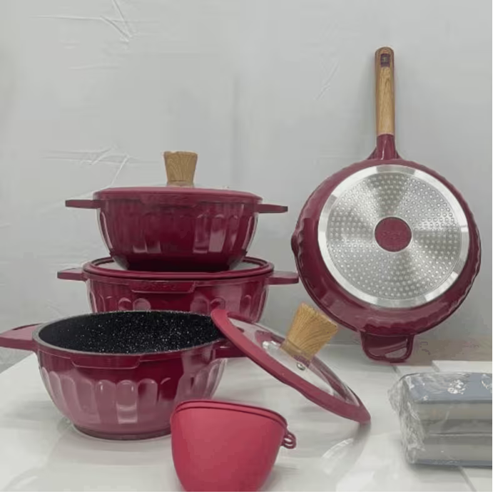 11pcs Non-Stick Cookware Set Burgundy Induction Pots & Pans – Frying Pan, Saucepan with Glass Lids Kitchen Cooking Set