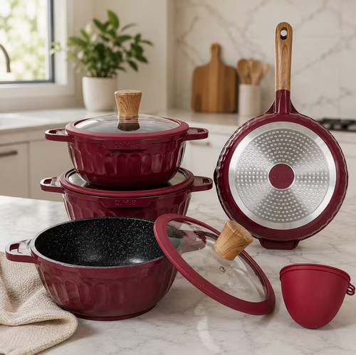 11pcs Non-Stick Cookware Set Burgundy Induction Pots & Pans – Frying Pan, Saucepan with Glass Lids Kitchen Cooking Set