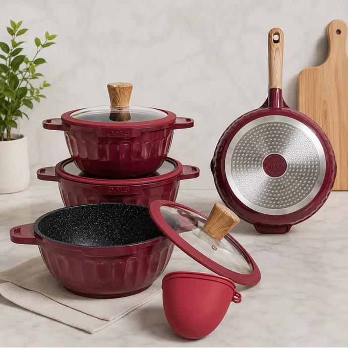 11pcs Non-Stick Cookware Set Burgundy Induction Pots & Pans – Frying Pan, Saucepan with Glass Lids Kitchen Cooking Set