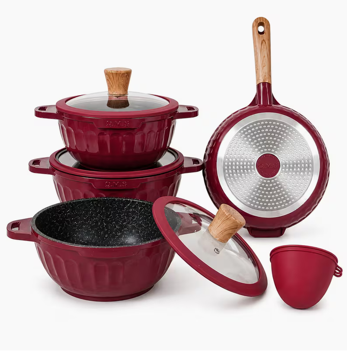 11pcs Non-Stick Cookware Set Burgundy Induction Pots & Pans – Frying Pan, Saucepan with Glass Lids Kitchen Cooking Set