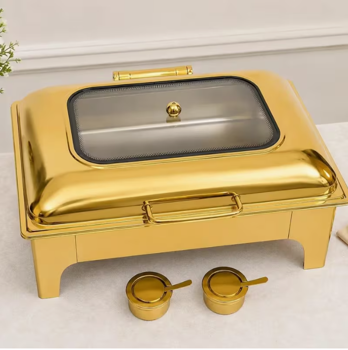 Luxury 9L Chafing Dish Food Warmer with Lid – Stainless Steel Buffet Server in Gold for Catering & Events