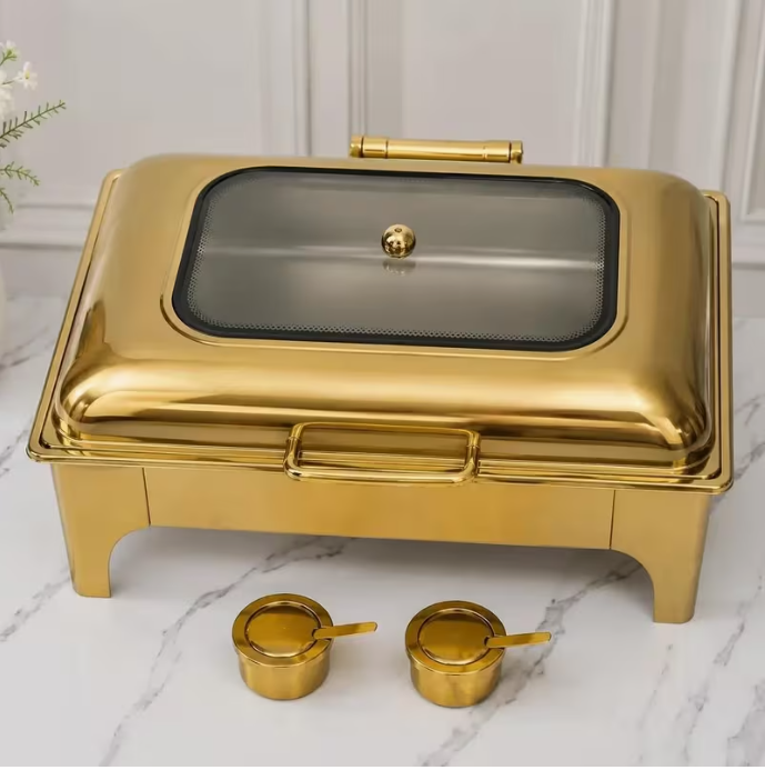 Luxury 9L Chafing Dish Food Warmer with Lid – Stainless Steel Buffet Server in Gold for Catering & Events
