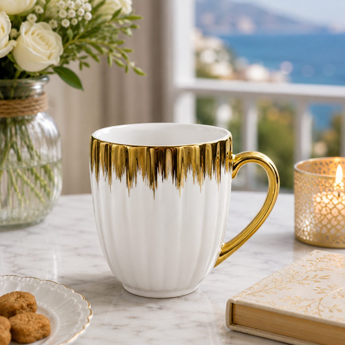 Set of 6 White Ribbed Ceramic Mugs with Gold Rim and Gold Handle