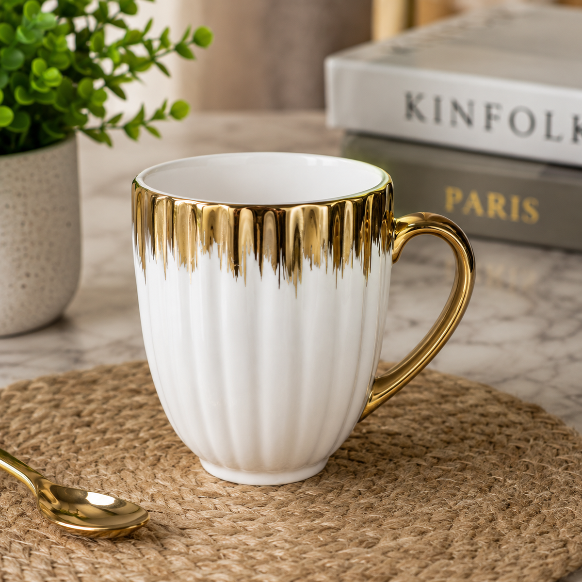 Set of 6 White Ribbed Ceramic Mugs with Gold Rim and Gold Handle