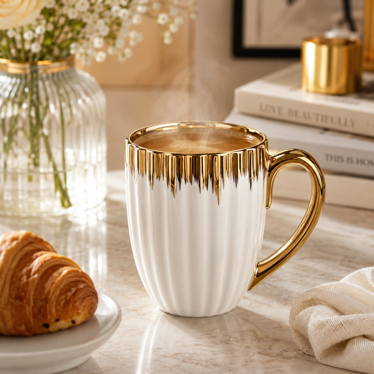 Set of 6 White Ribbed Ceramic Mugs with Gold Rim and Gold Handle
