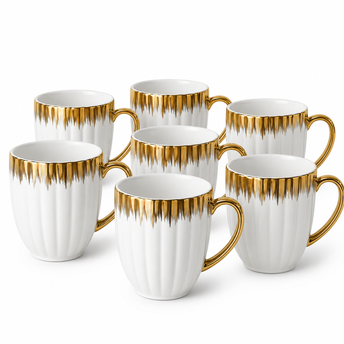Set of 6 White Ribbed Ceramic Mugs with Gold Rim and Gold Handle