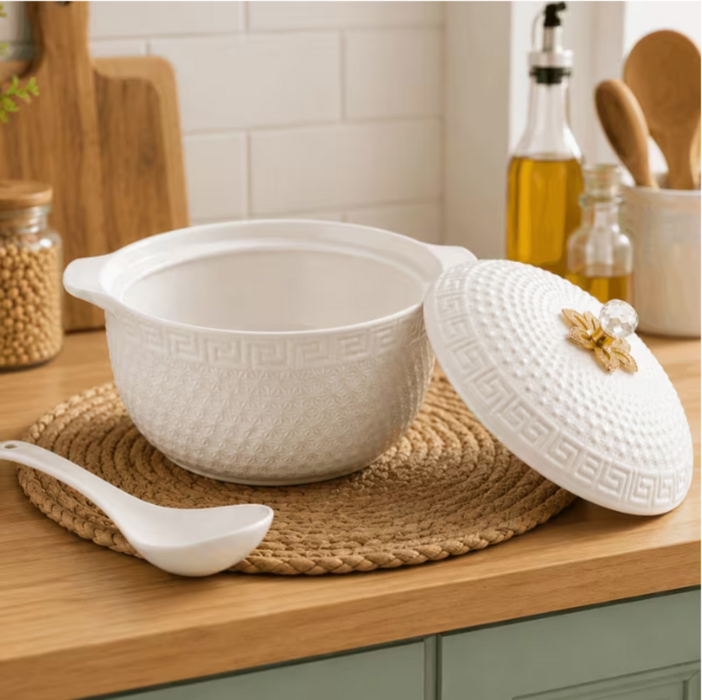 White Ceramic Serving Bowl with Lid & Spoon 28cm Embossed Floral Design Soup Casserole Dish