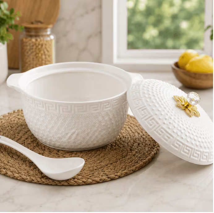 White Ceramic Serving Bowl with Lid & Spoon 28cm Embossed Floral Design Soup Casserole Dish
