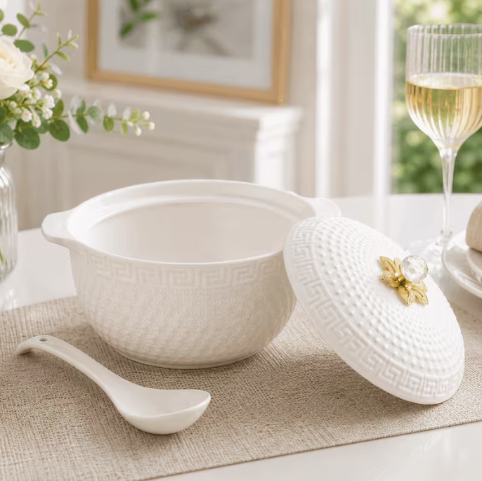 White Ceramic Serving Bowl with Lid & Spoon 28cm Embossed Floral Design Soup Casserole Dish