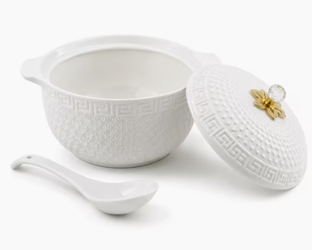 White Ceramic Serving Bowl with Lid & Spoon 28cm Embossed Floral Design Soup Casserole Dish