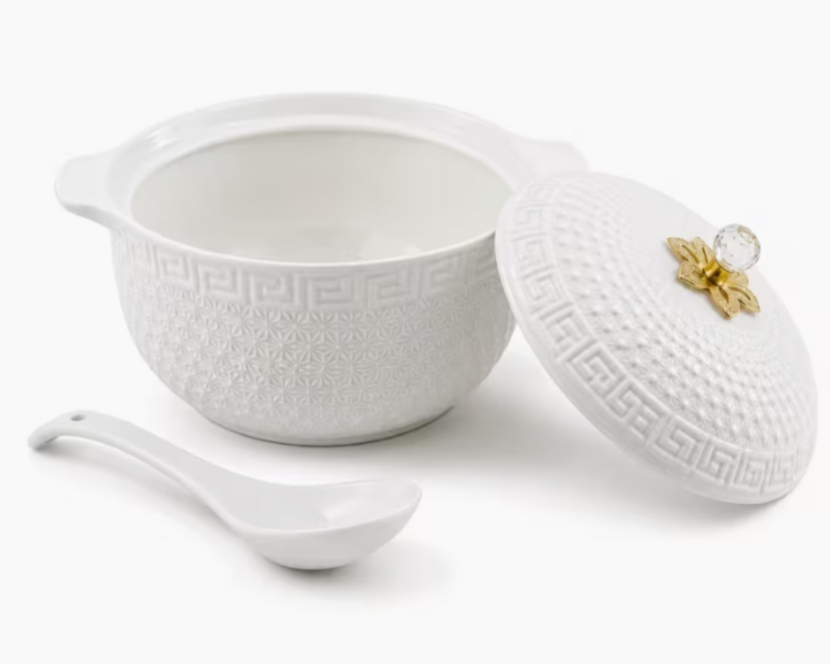 White Ceramic Serving Bowl with Lid & Spoon 28cm Embossed Floral Design Soup Casserole Dish