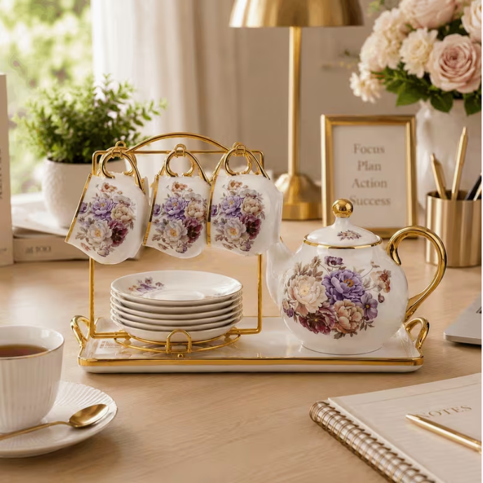 Ceramic Floral Tea Set 15 Piece Porcelain Teapot Cups Saucers Gold Stand Tray Set