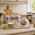 Ceramic Floral Tea Set 15 Piece Porcelain Teapot Cups Saucers Gold Stand Tray Set