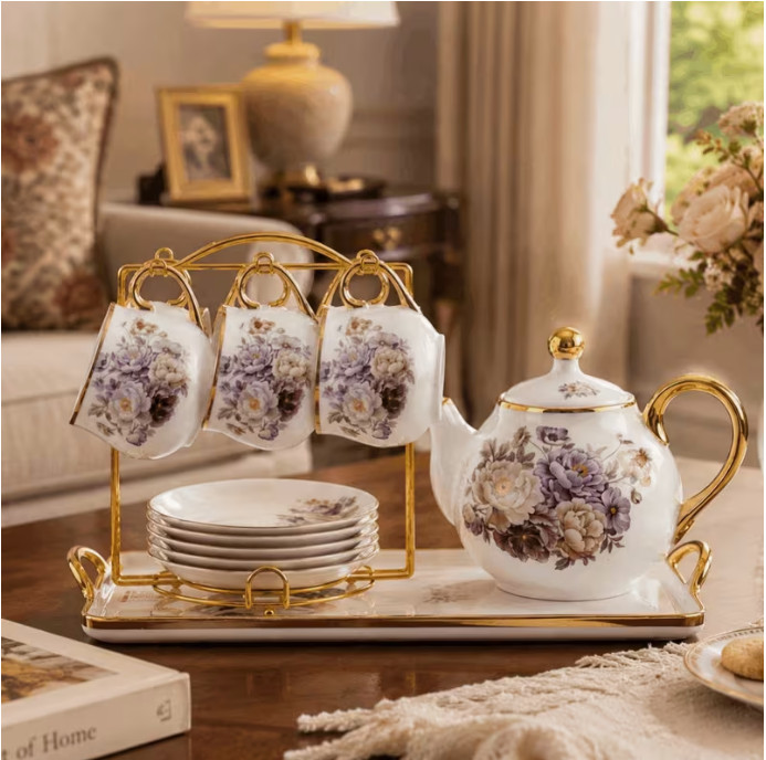 Ceramic Floral Tea Set 15 Piece Porcelain Teapot Cups Saucers Gold Stand Tray Set