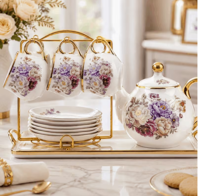 Ceramic Floral Tea Set 15 Piece Porcelain Teapot Cups Saucers Gold Stand Tray Set