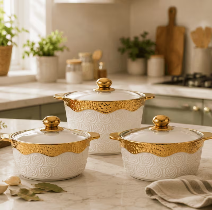 3pcs Ceramic Casserole Dish Set with Glass Lids White Gold Trim Serving Bowls 17-23cm