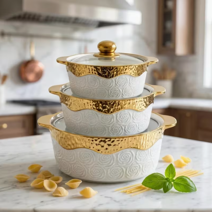 3pcs Ceramic Casserole Dish Set with Glass Lids White Gold Trim Serving Bowls 17-23cm