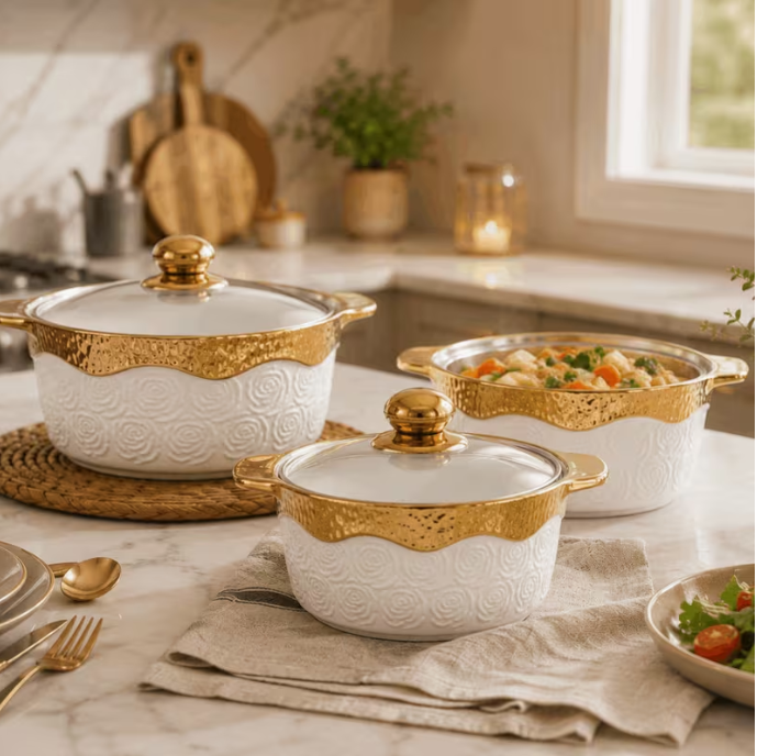 3pcs Ceramic Casserole Dish Set with Glass Lids White Gold Trim Serving Bowls 17-23cm