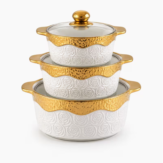 3pcs Ceramic Casserole Dish Set with Glass Lids White Gold Trim Serving Bowls 17-23cm