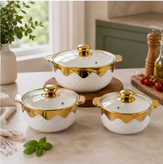 3pcs White Ceramic Serving Bowl Set Gold Rim Casserole Dishes with Glass Lids Kitchen Set