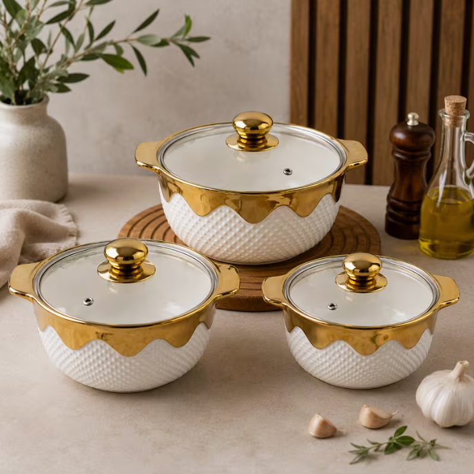 3pcs White Ceramic Serving Bowl Set Gold Rim Casserole Dishes with Glass Lids Kitchen Set
