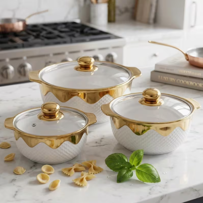 3pcs White Ceramic Serving Bowl Set Gold Rim Casserole Dishes with Glass Lids Kitchen Set