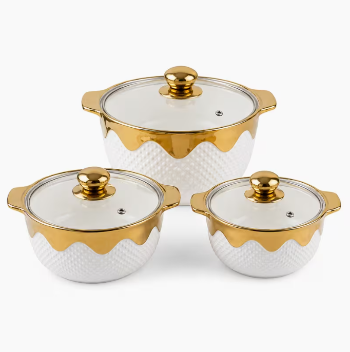 3pcs White Ceramic Serving Bowl Set Gold Rim Casserole Dishes with Glass Lids Kitchen Set
