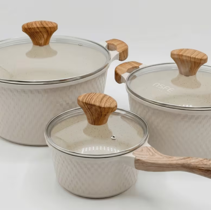 10Pcs Granite Cookware Set Nonstick Pots & Pans Cream Wood Handle Induction Gas Compatible