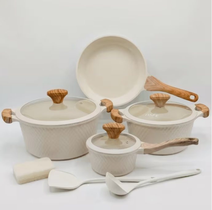 10Pcs Granite Cookware Set Nonstick Pots & Pans Cream Wood Handle Induction Gas Compatible