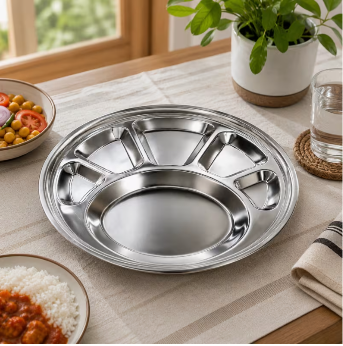 4 Pack Stainless Steel Round Thali Plates with 6 Compartments