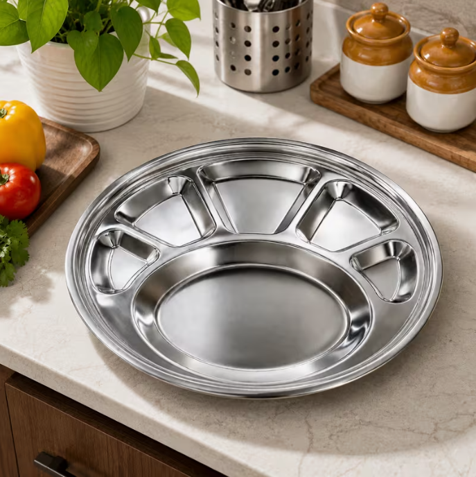 4 Pack Stainless Steel Round Thali Plates with 6 Compartments