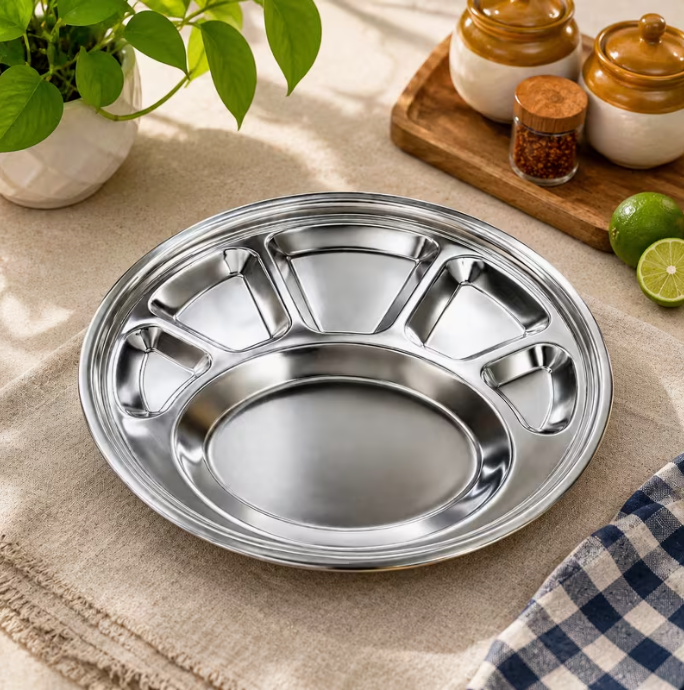 Stainless Steel Divided Dinner Tray Set of 2 – Round Serving Thali Plates