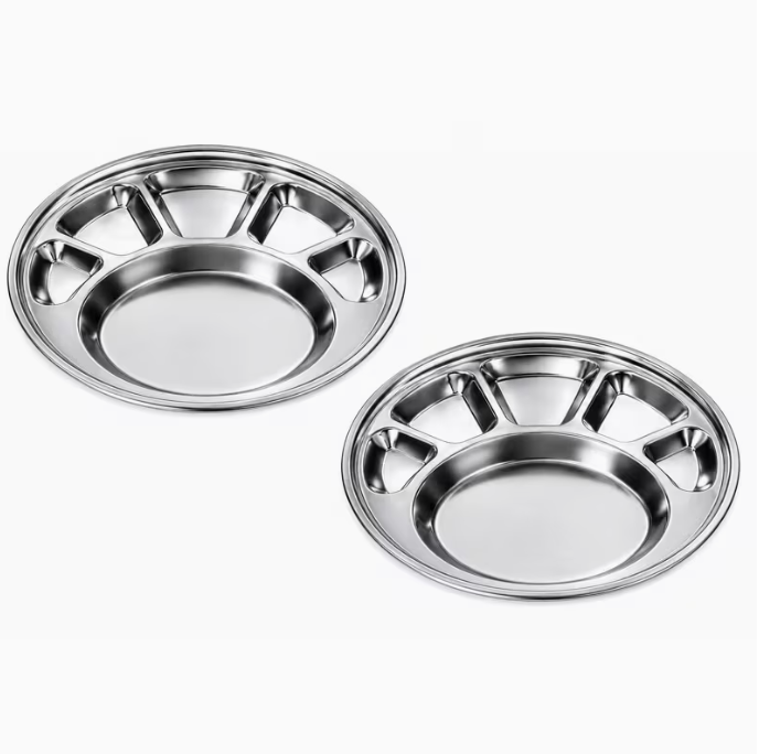 4 Pack Stainless Steel Round Thali Plates with 6 Compartments