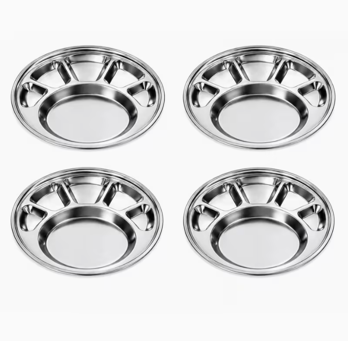 4 Pack Stainless Steel Round Thali Plates with 6 Compartments