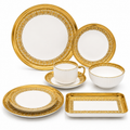 Luxury 32-Pieces White Porcelain Dinnerware Set with Ornate Gold Rim