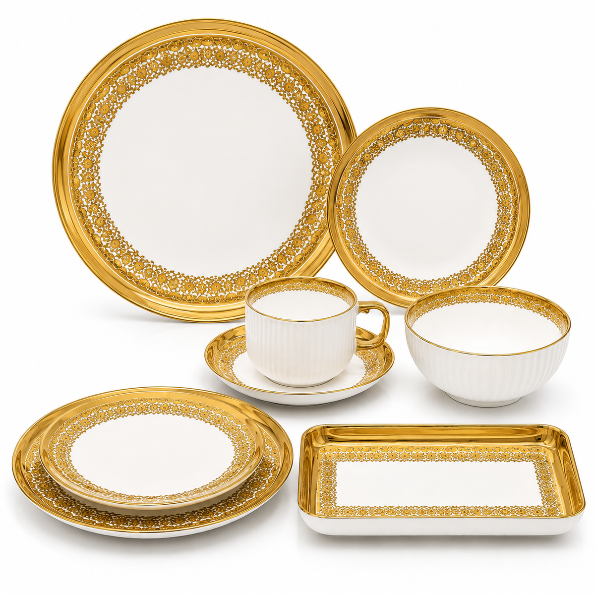 Luxury 32-Pieces White Porcelain Dinnerware Set with Ornate Gold Rim
